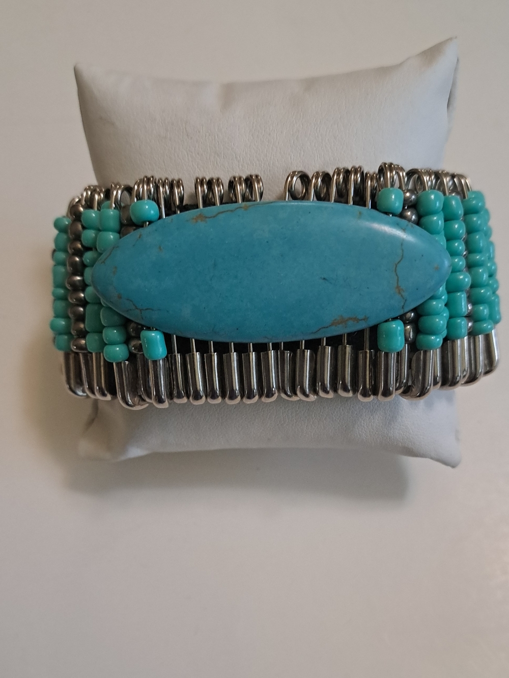 Turquoise Beaded Stretch Bracelet with Oval Stone Center